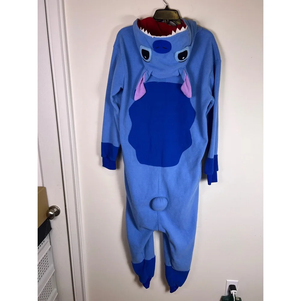 Disney Stitch Costume Pajamas Blue Fleece Hooded One Piece Size M